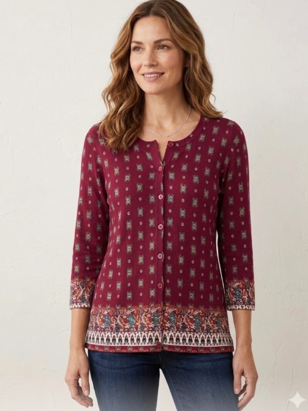 Burgundy Boho Cardigan Sweater Geometric Border S Artsy Cottagecore Eclectic